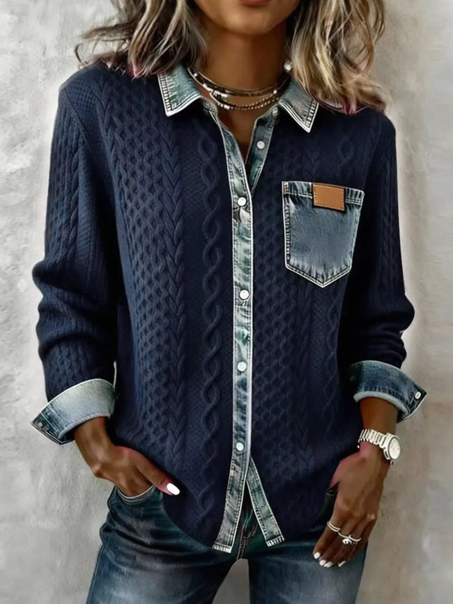 Denim Trim Cable Knit Top  Style Ratio
