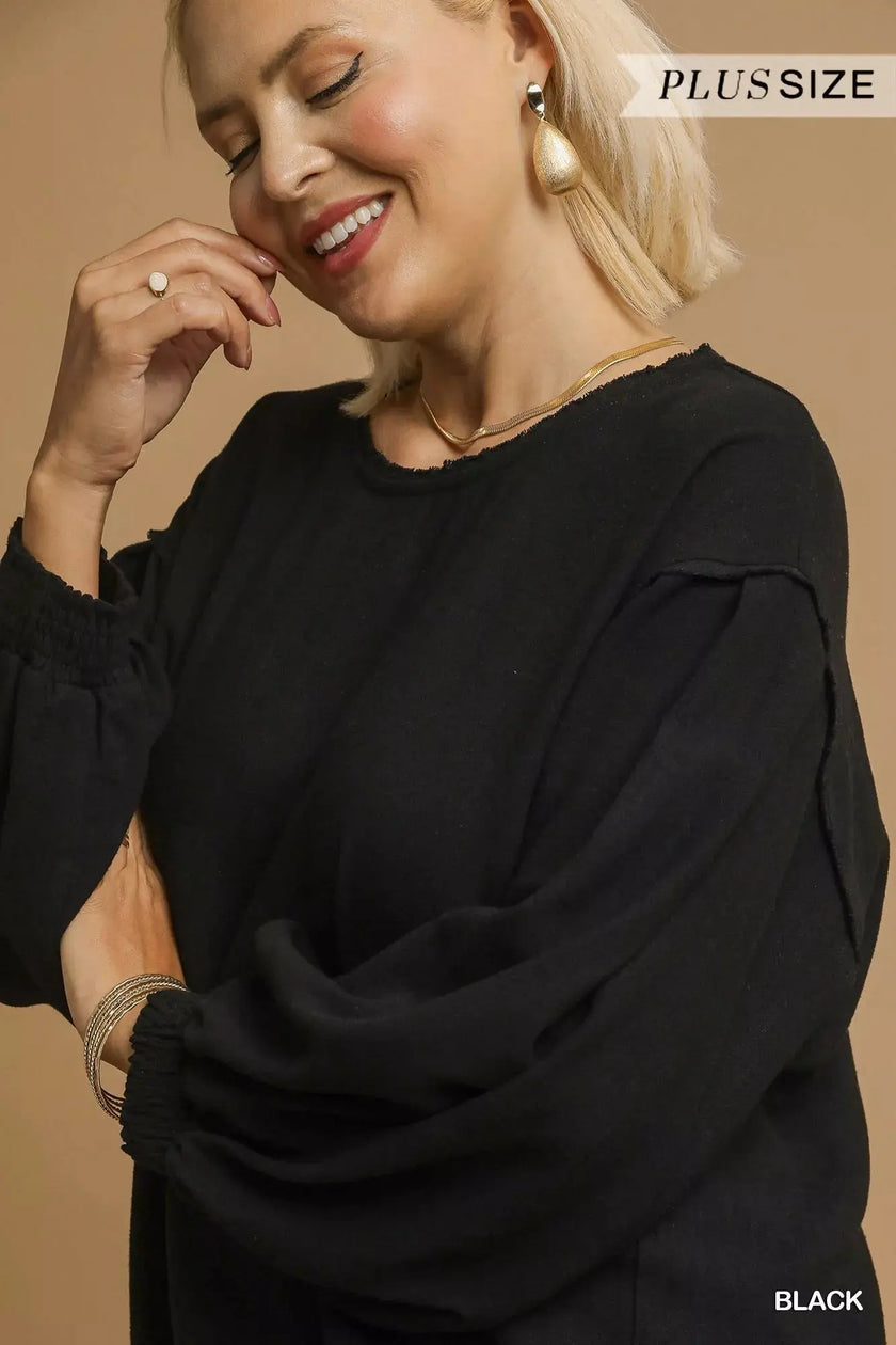 Umgee Full Size Linen Long Sleeve Top with Drawstring  Style Ratio