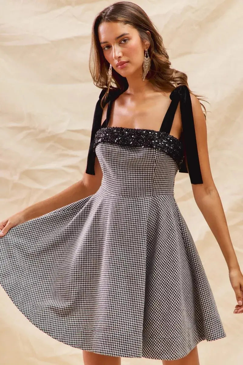 SO ME Houndstooth Fit Flare Mini Dress with Shoulder Tie  Style Ratio