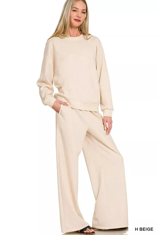 Zenana Scuba Crewneck Pullover and Pants Set  Style Ratio