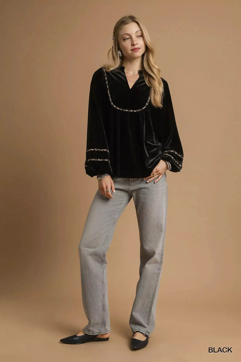 Umgee Velvet Long Sleeve Blouse with Contrast Trim  Style Ratio