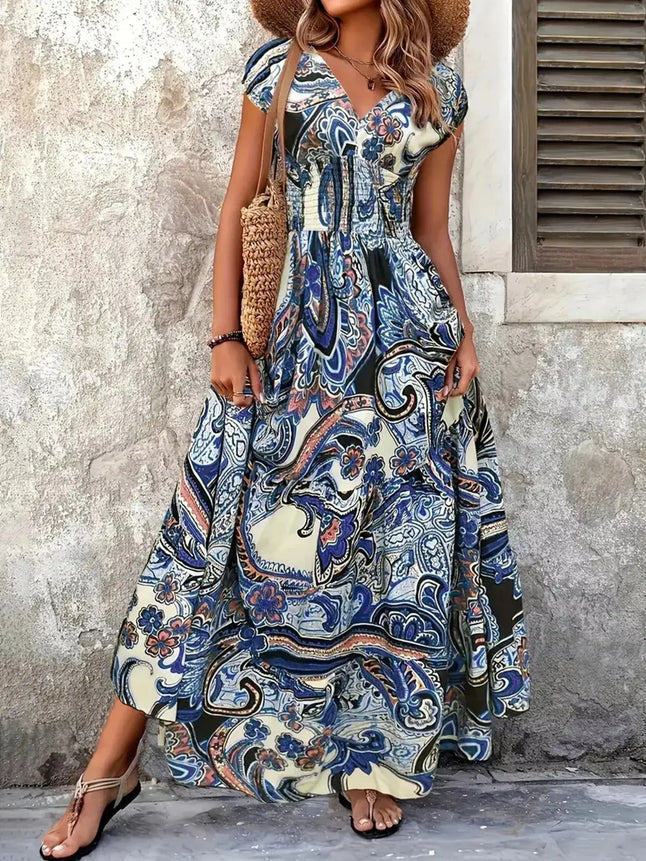 Printed V-Neck Cap Sleeve Maxi Dress  Style Ratio