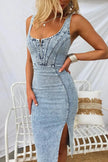 Side Slit Washed Scoop Neck Denim Dress  Style Ratio