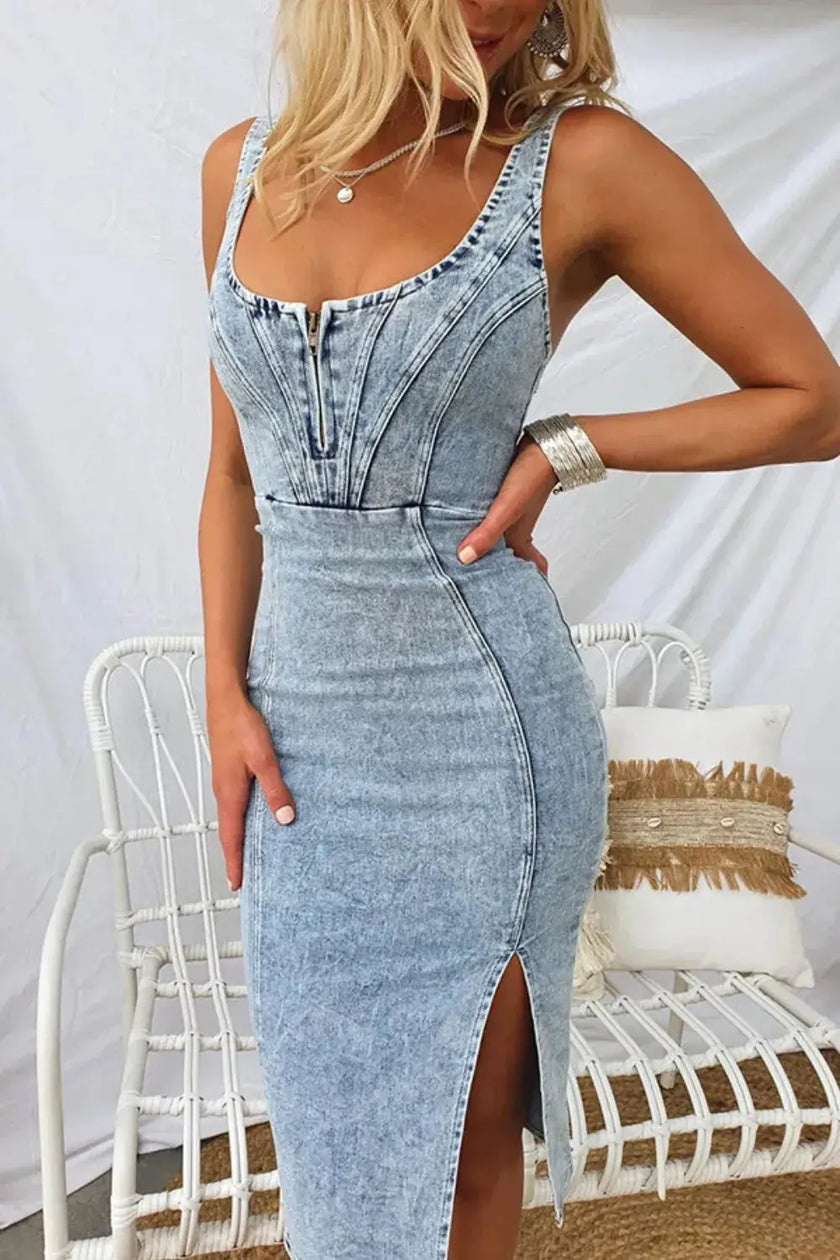 Side Slit Washed Scoop Neck Denim Dress  Style Ratio