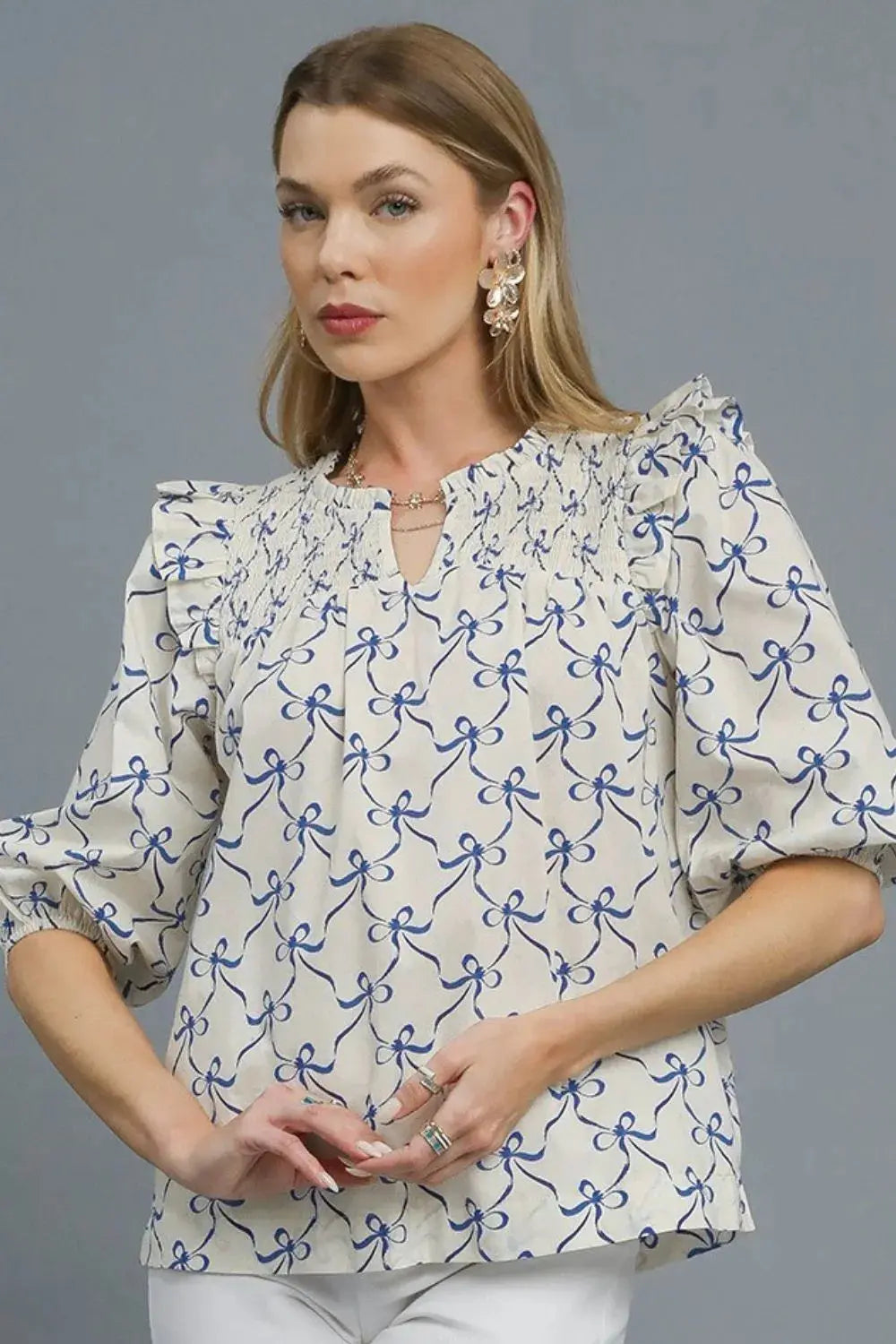 Umgee Ruffled Bow Print Notched Blouse  Style Ratio