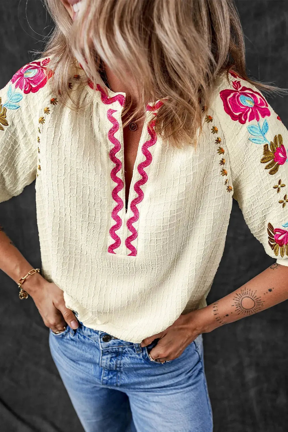 Floral Embroidered Notched Puff Sleeve Blouse  Style Ratio