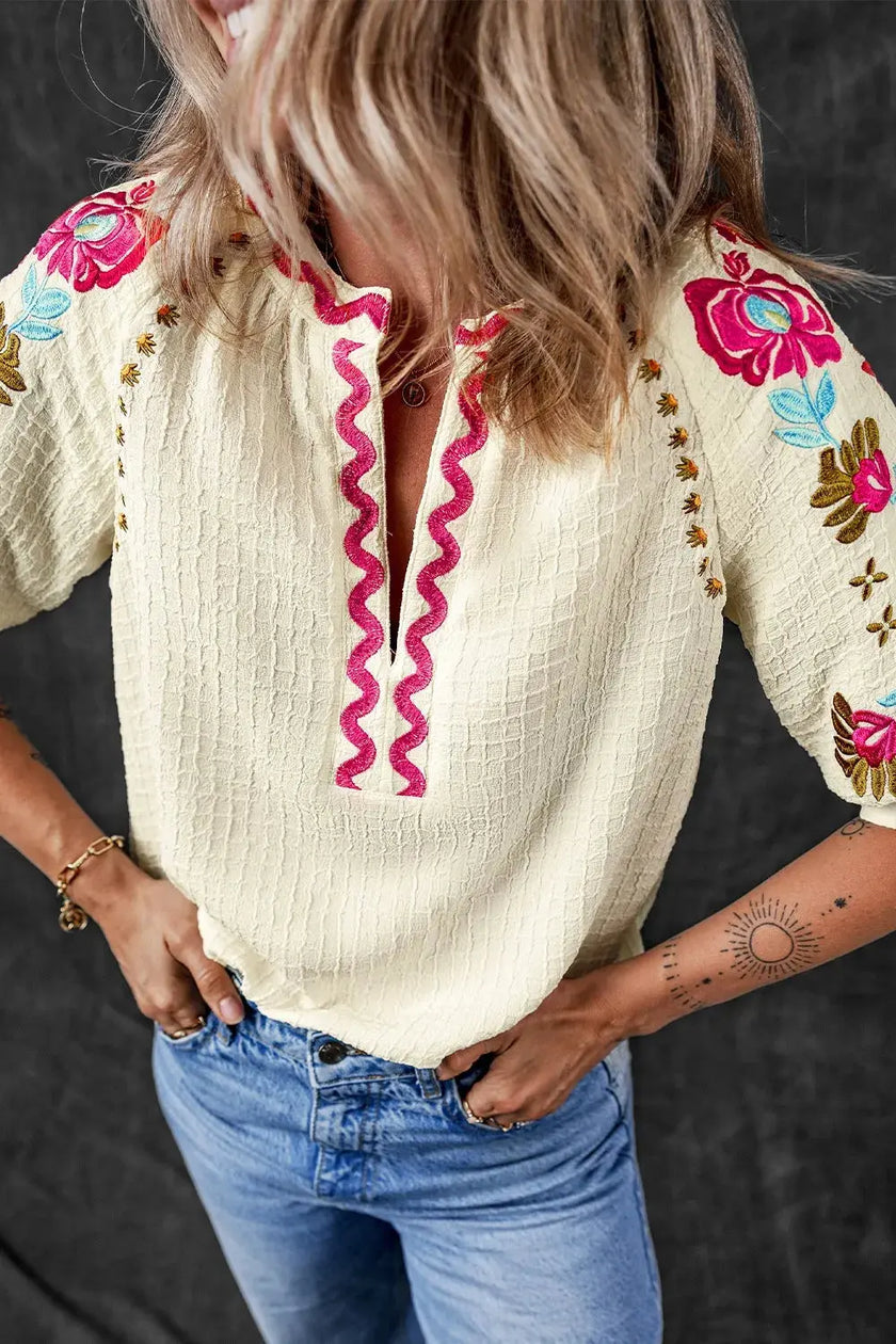 Floral Embroidered Notched Puff Sleeve Blouse  Style Ratio