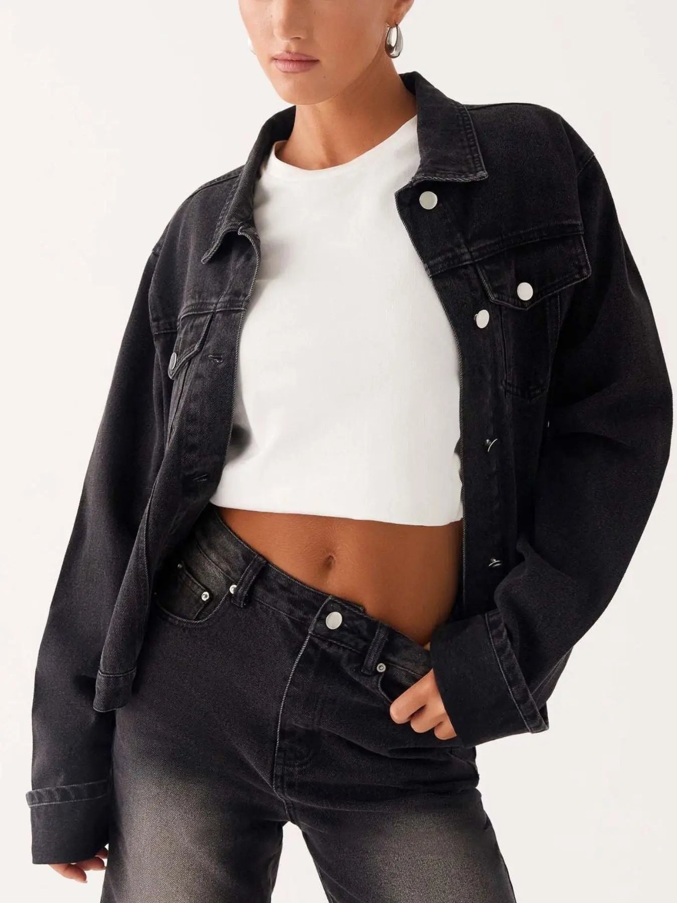 Button Down Cropped Oversized Denim Jacket  Style Ratio