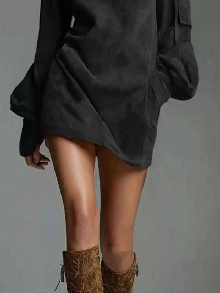Full Size Suede Turtleneck Lantern Sleeve Mini Dress  Style Ratio