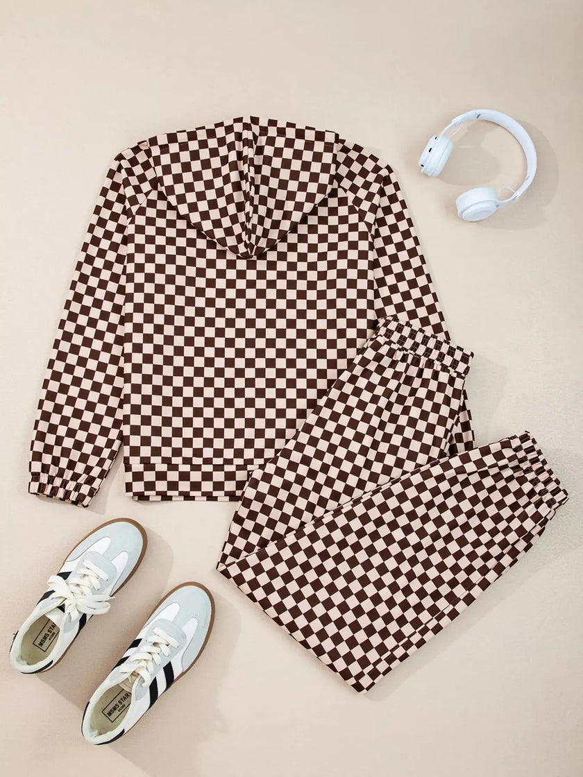 Checkered Drawstring Hoodie and Pants Set  Style Ratio