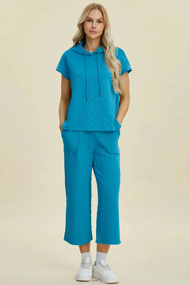 Double Take Texture Drawstring Short Sleeve Hoodie and Pocketed Pants Set  Style Ratio