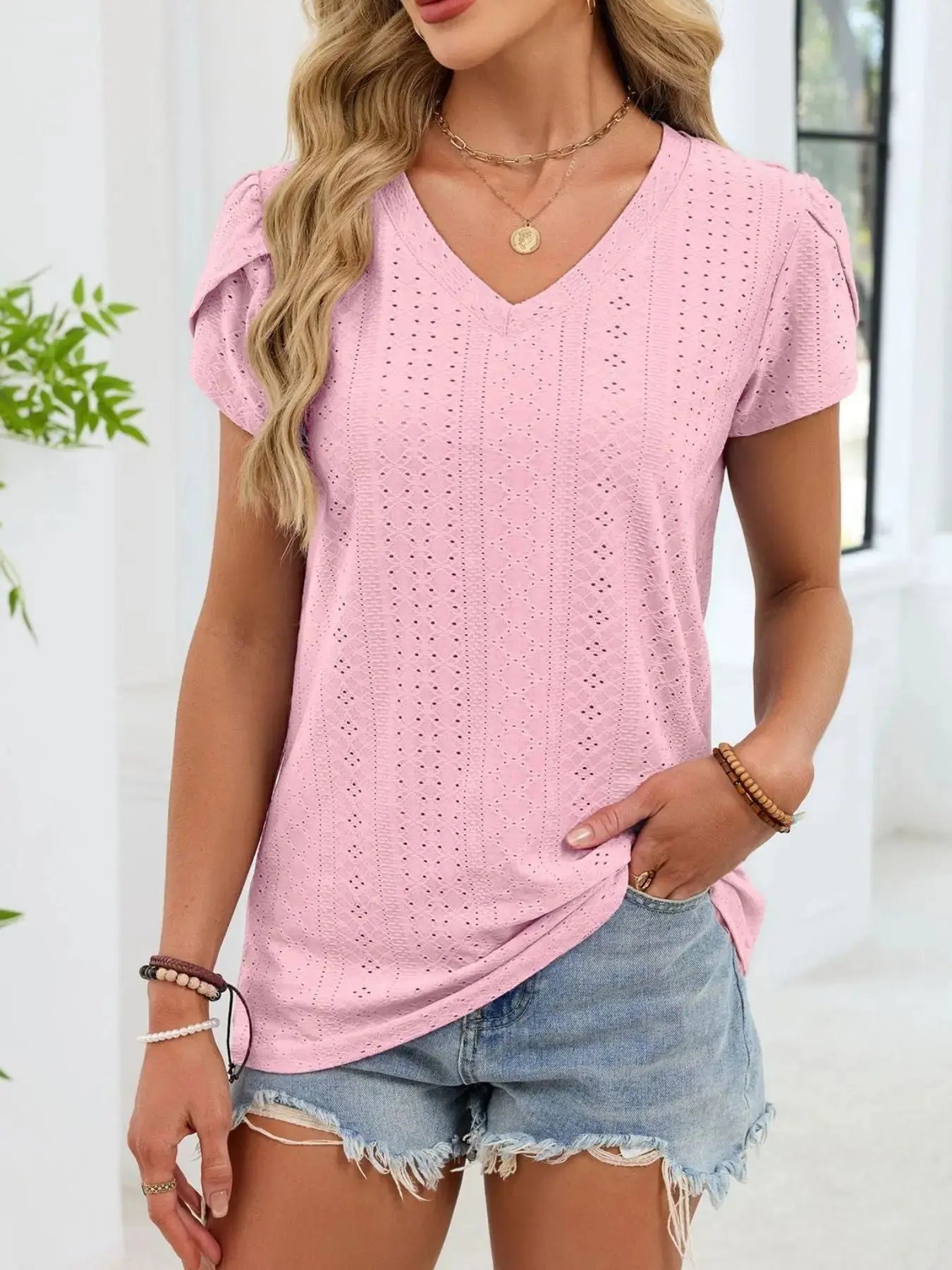 Eyelet Petal Sleeve V Neck Shirt  Style Ratio