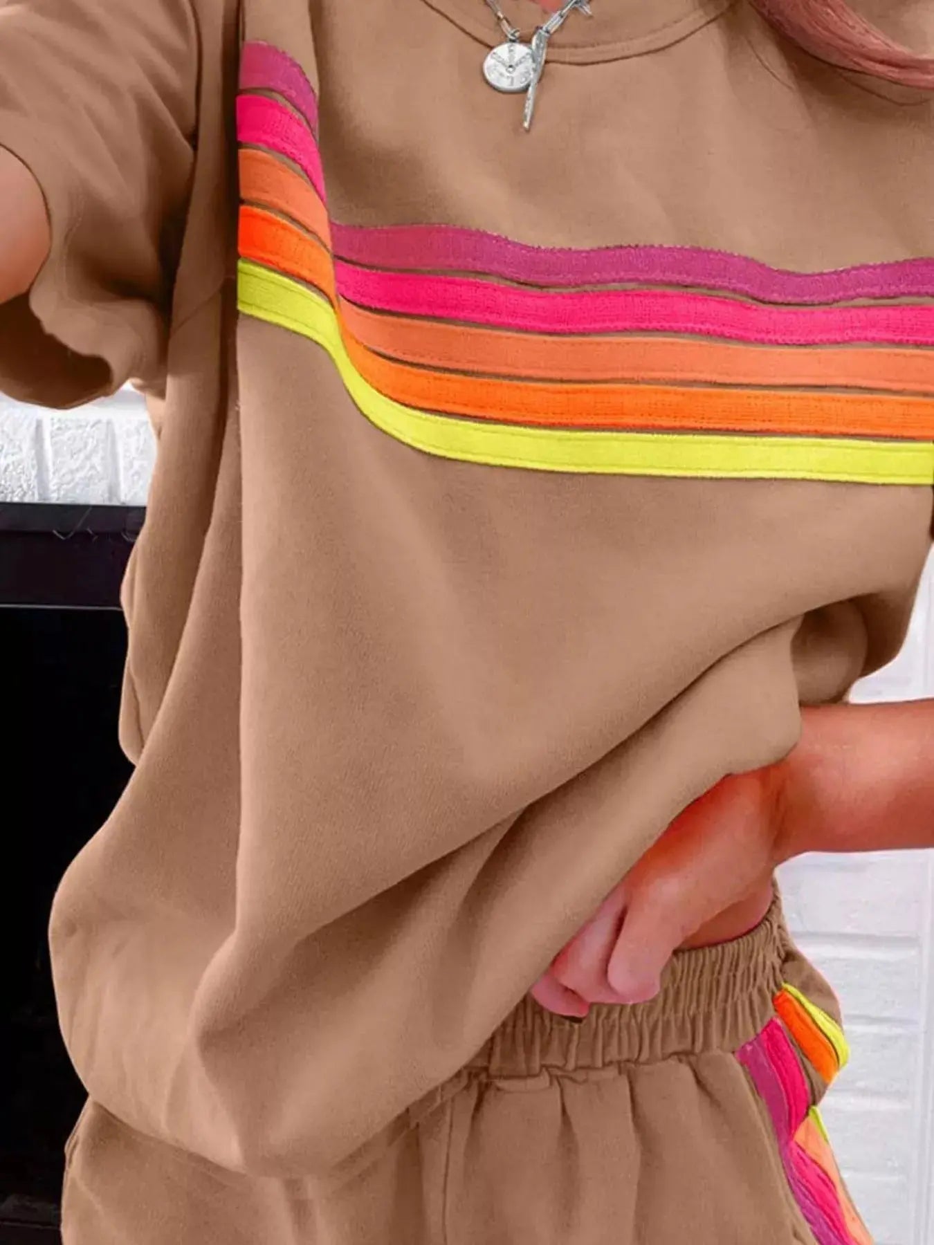 Rainbow Striped Round Neck Top and Shorts Set  Style Ratio