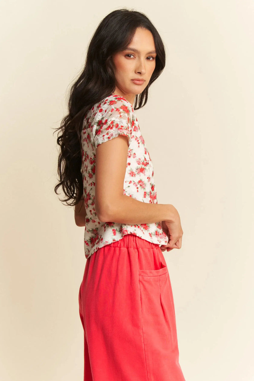 Davi & Dani Ribbon Short Sleeve Layered Mesh Shirt  Style Ratio
