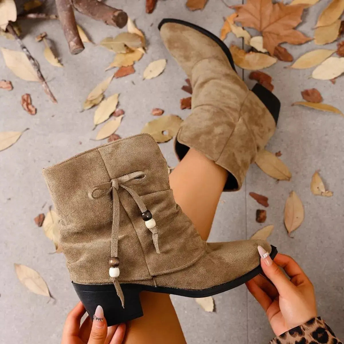 Suede Ankle Boots with Bow Accent  Style Ratio