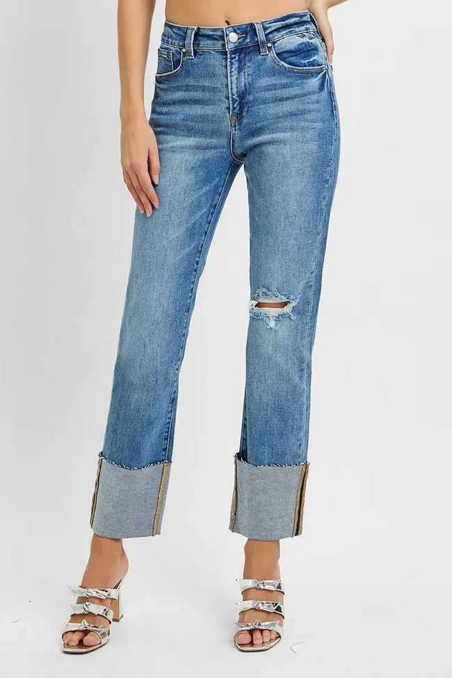 RISEN Full Size High Rise Ankle Straight Wide Cuffed Jeans  Style Ratio