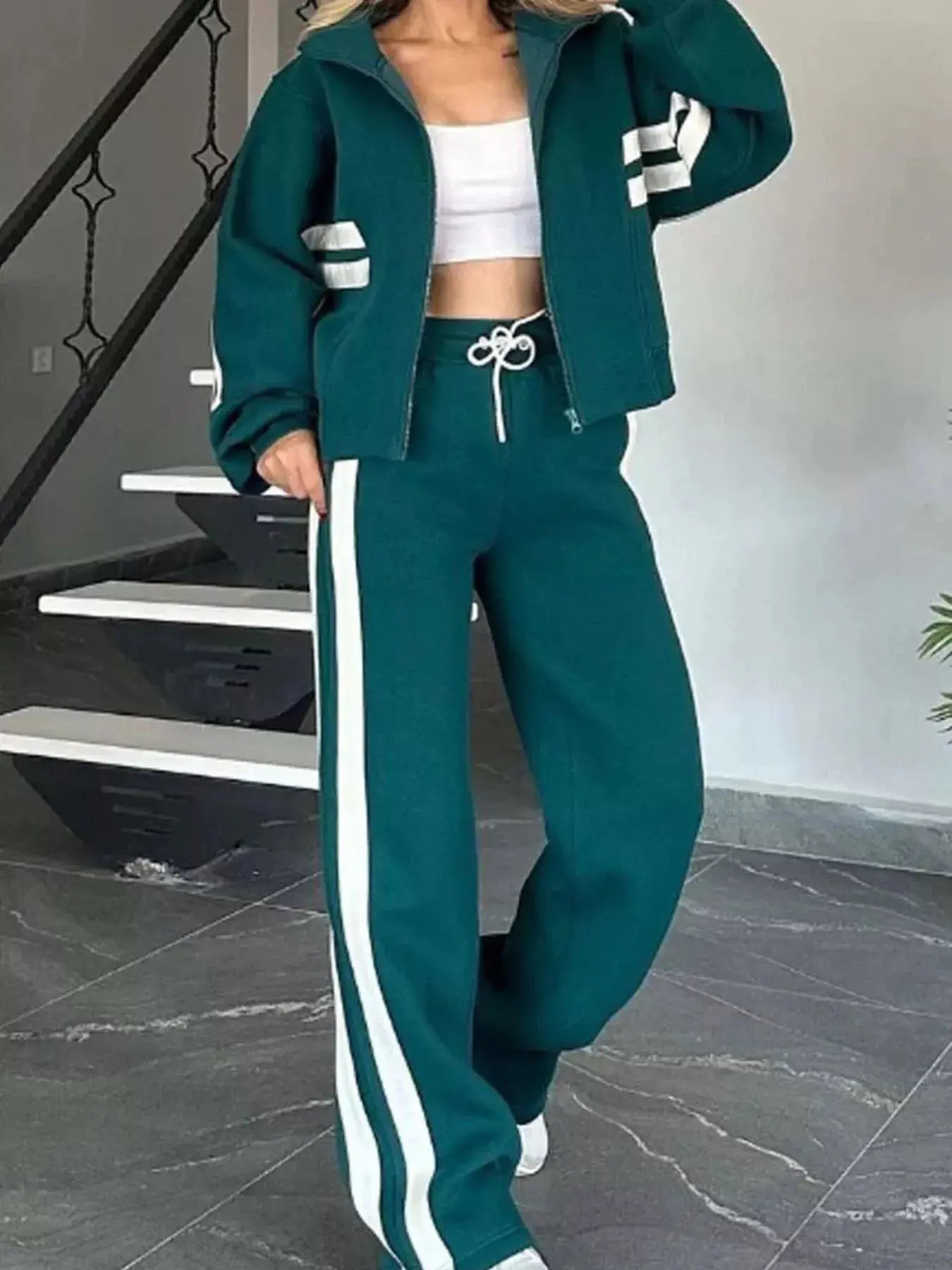 Full Size Contrast Stripe Zip Up Jacket and Pants Set  Style Ratio