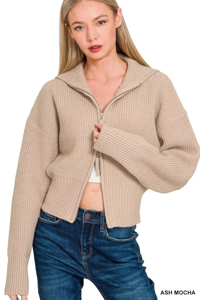 Zenana Ribbed Collared Zip Up Cardigan  Style Ratio