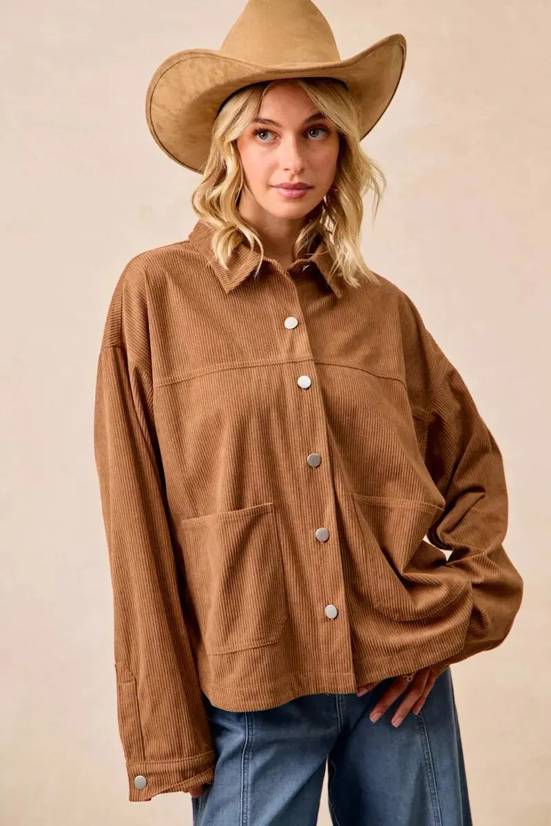 BiBi Corduroy Relaxed Fit Long Sleeve Shacket  Style Ratio