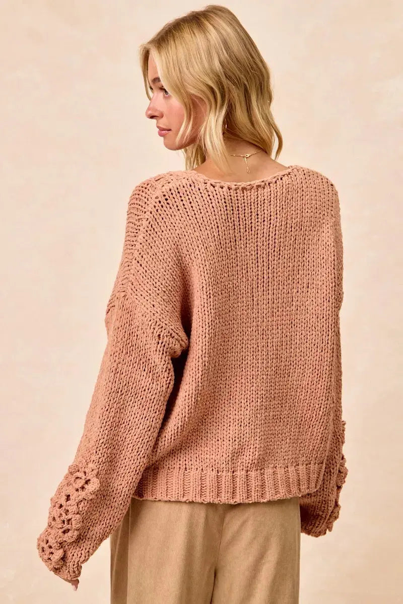 BiBi Chunky Knit Sweater with Flower Detail Sleeves  Style Ratio