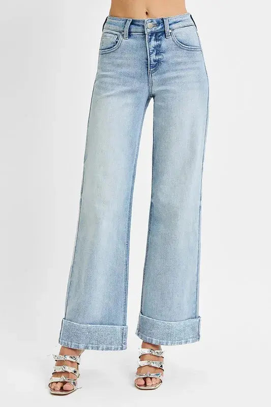 RISEN Full Size Tummy Control High Rise Ankle Wide Cuffed Jeans  Style Ratio