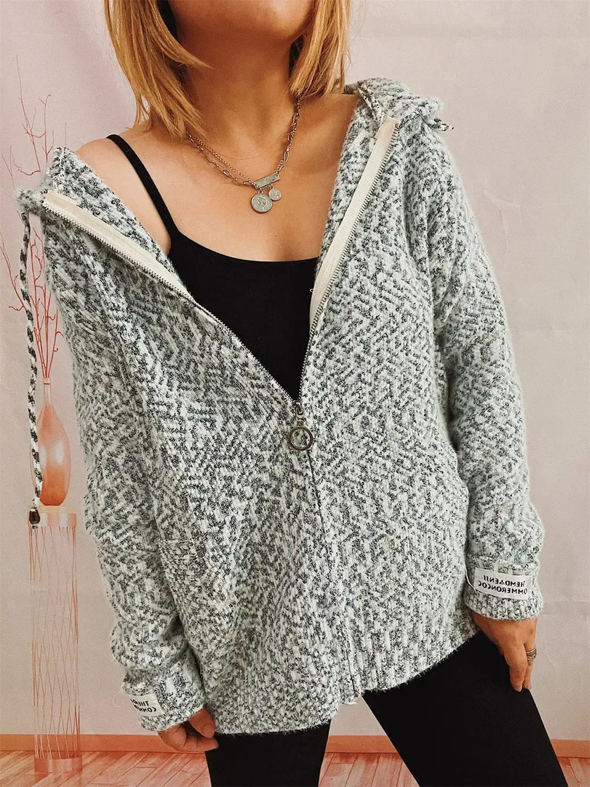 Zip Up Drawstring Long Sleeve Hooded Sweater  Style Ratio