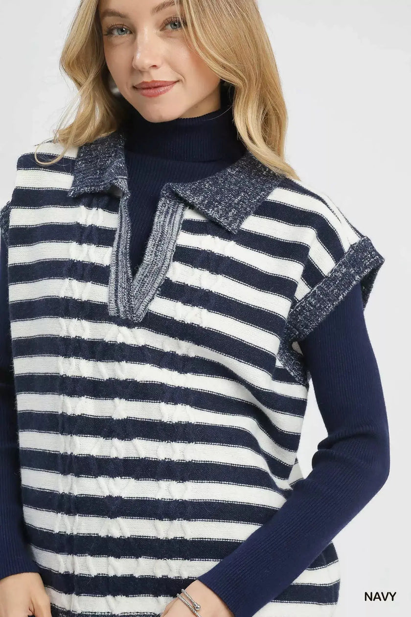 Umgee Cable Knit Collared Striped Vest  Style Ratio