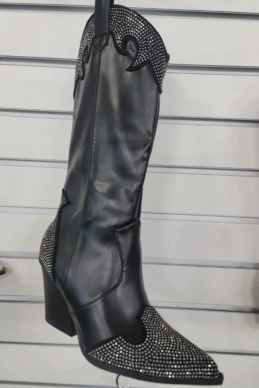Weeboo Chunky Heel Rhinestone Decor Western Boots  Style Ratio