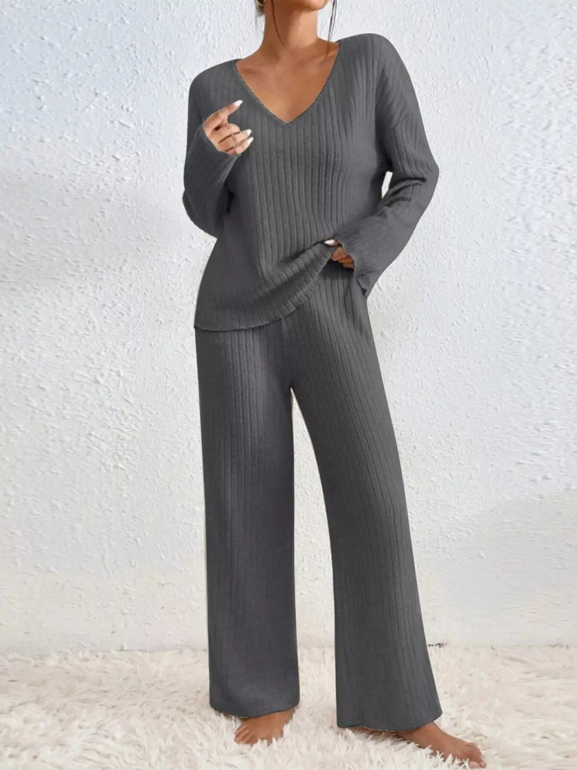 Ribbed V-Neck Top and Pants Loungewear  Style Ratio