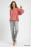 Umgee Textured Notched Blouse with Balloon Sleeves  Style Ratio