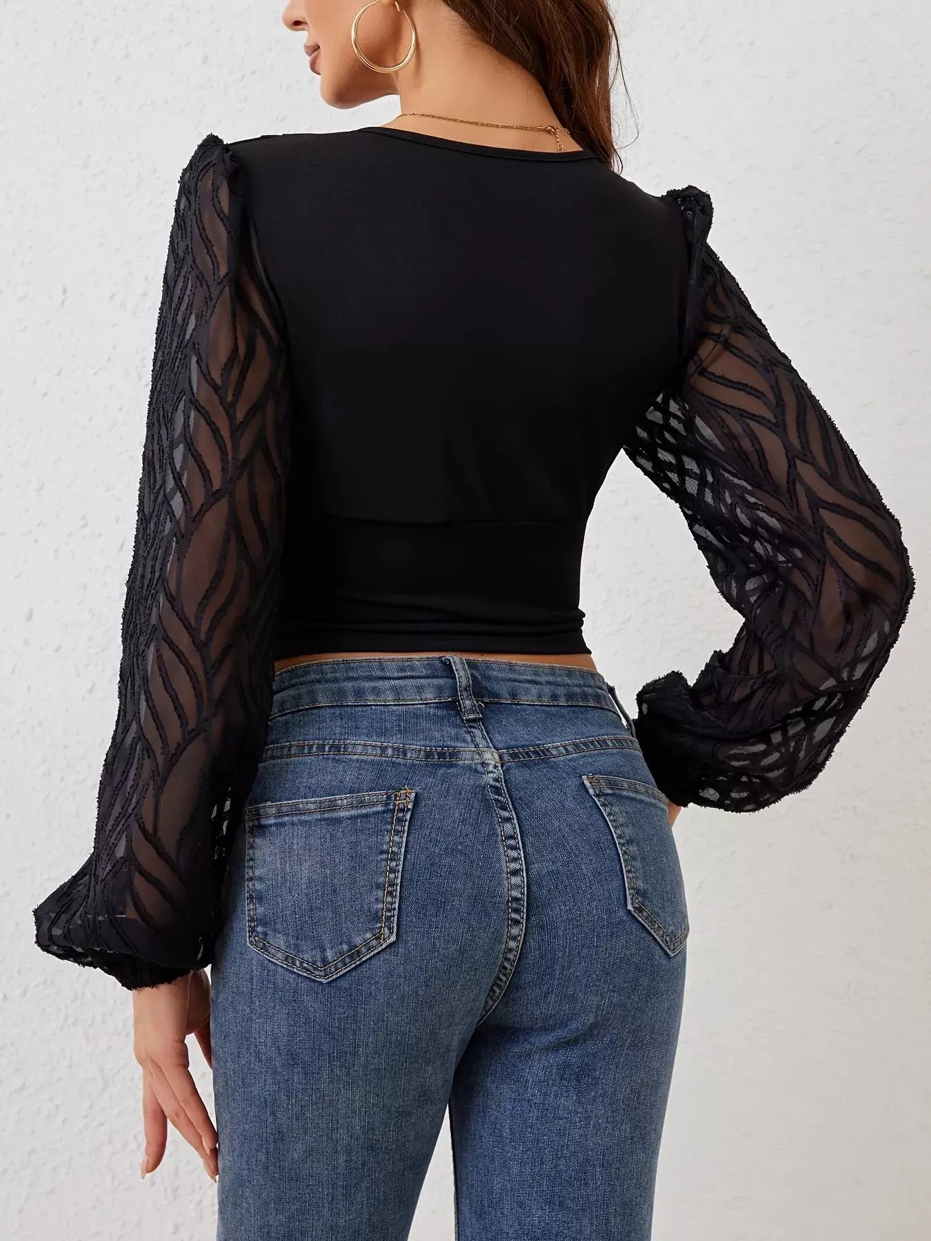Sheer Sleeve V-Neck Blouse  Style Ratio