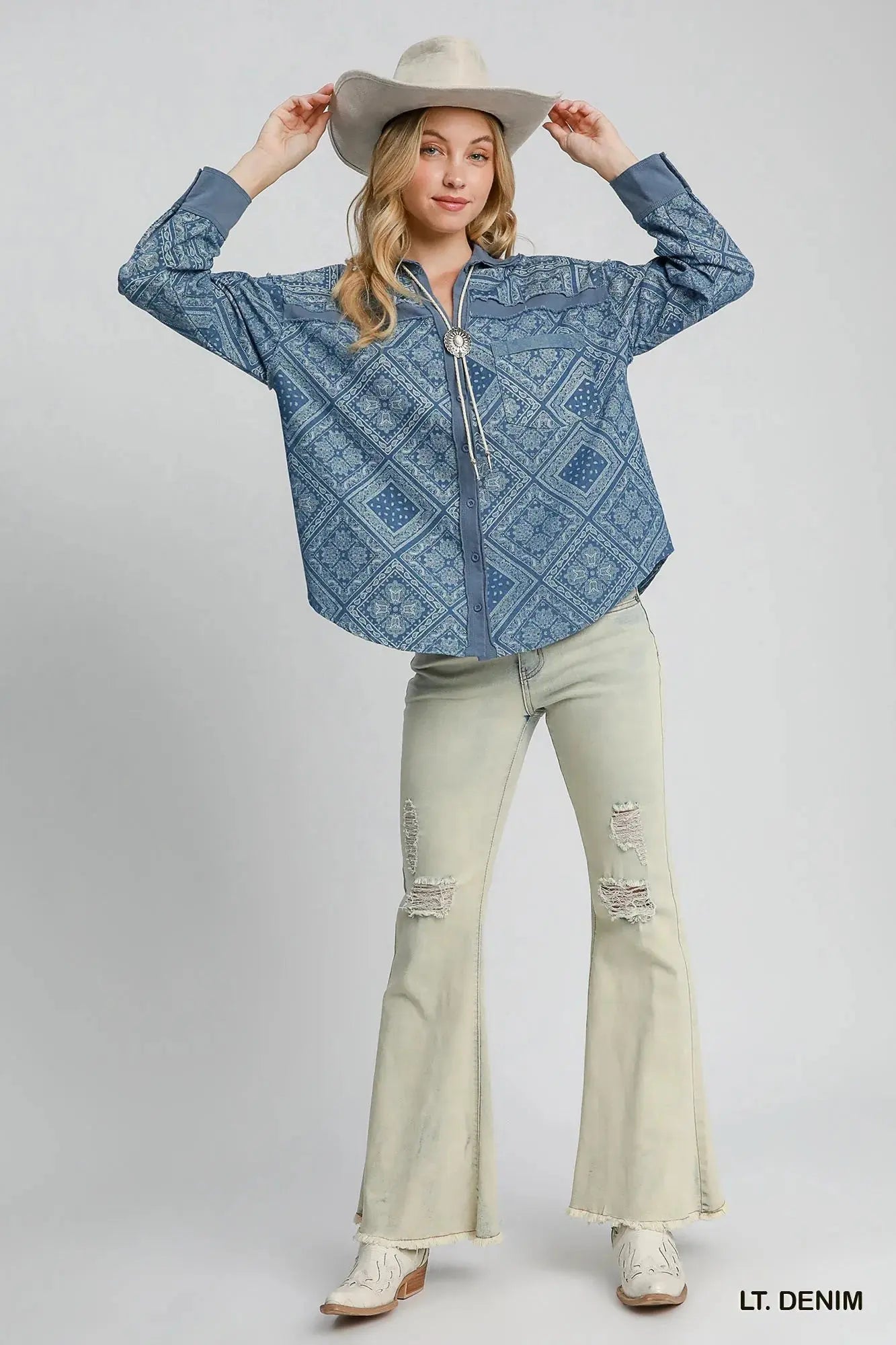 Umgee Paisley Print Denim Shacket  Style Ratio