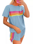 Rainbow Striped Round Neck Top and Shorts Set  Style Ratio