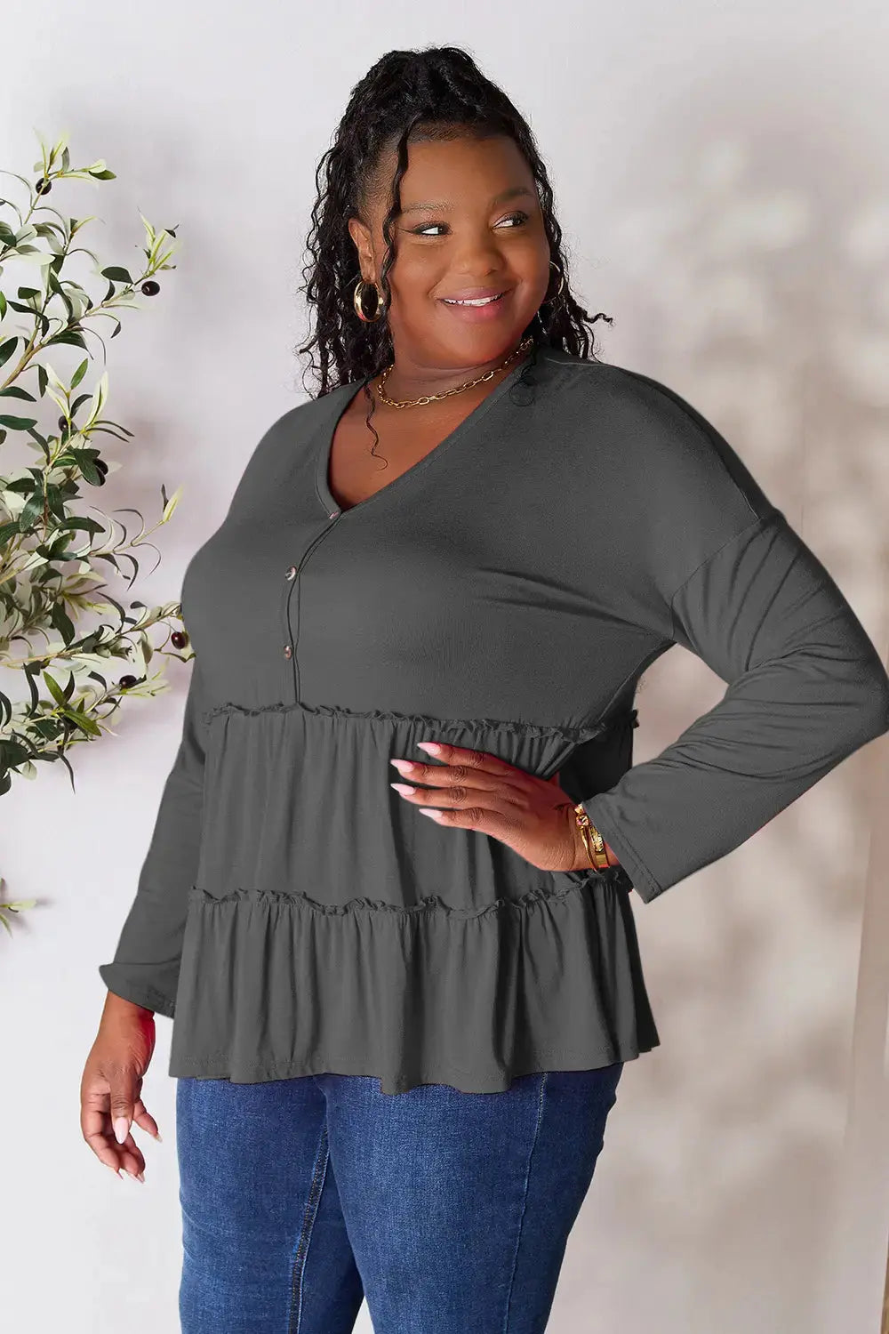 Double Take Half Button Long Sleeve Ruffle Hem Blouse  Style Ratio