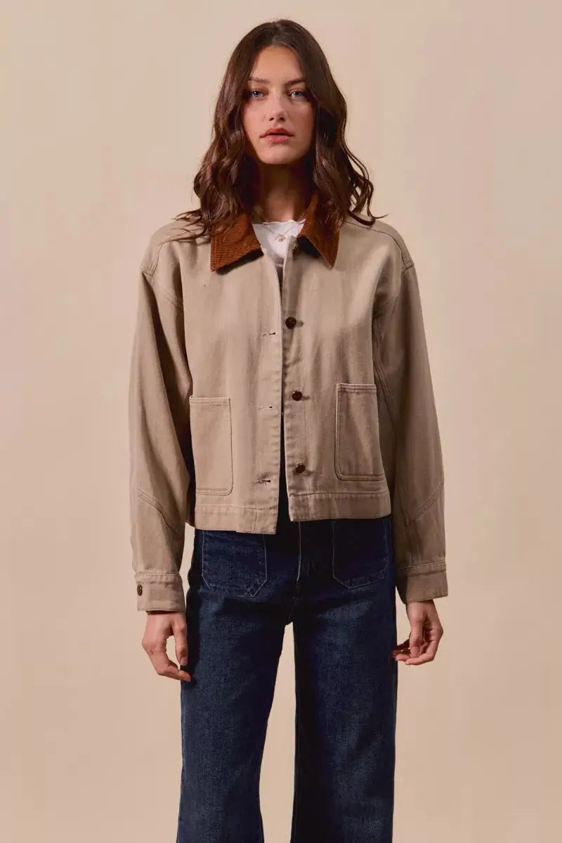 SO ME Cotton Twill Cropped Barn Jacket wtih Collar  Style Ratio