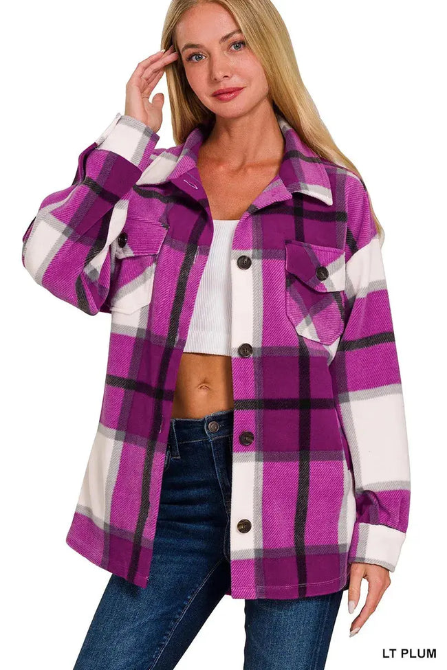 Zenana Oversized Plaid Fleece Shacket  Style Ratio