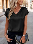 Satin V-Neck Short Sleeve Blouse  Style Ratio