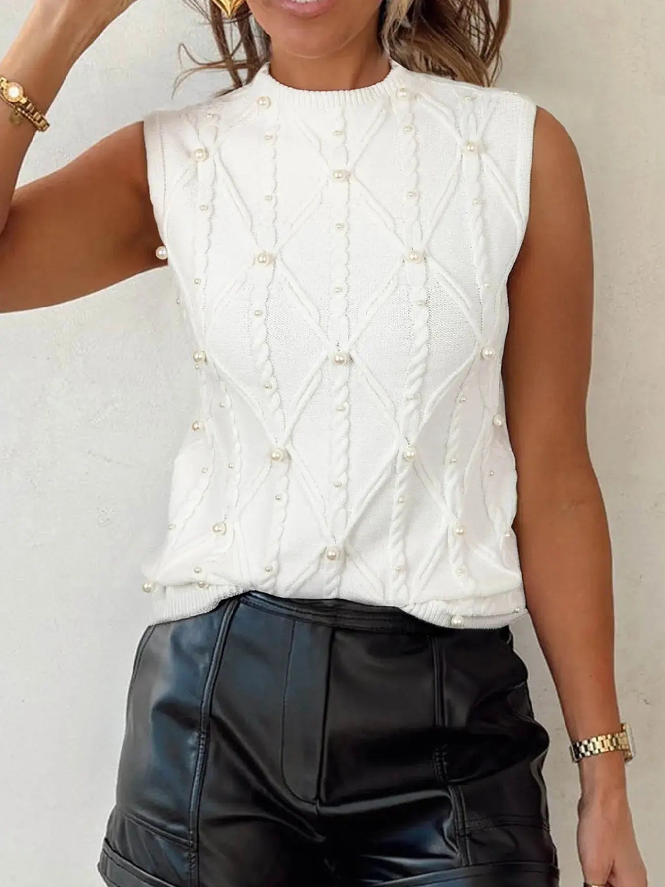 Pearled Mock Neck Textured Knit Sweater  Style Ratio