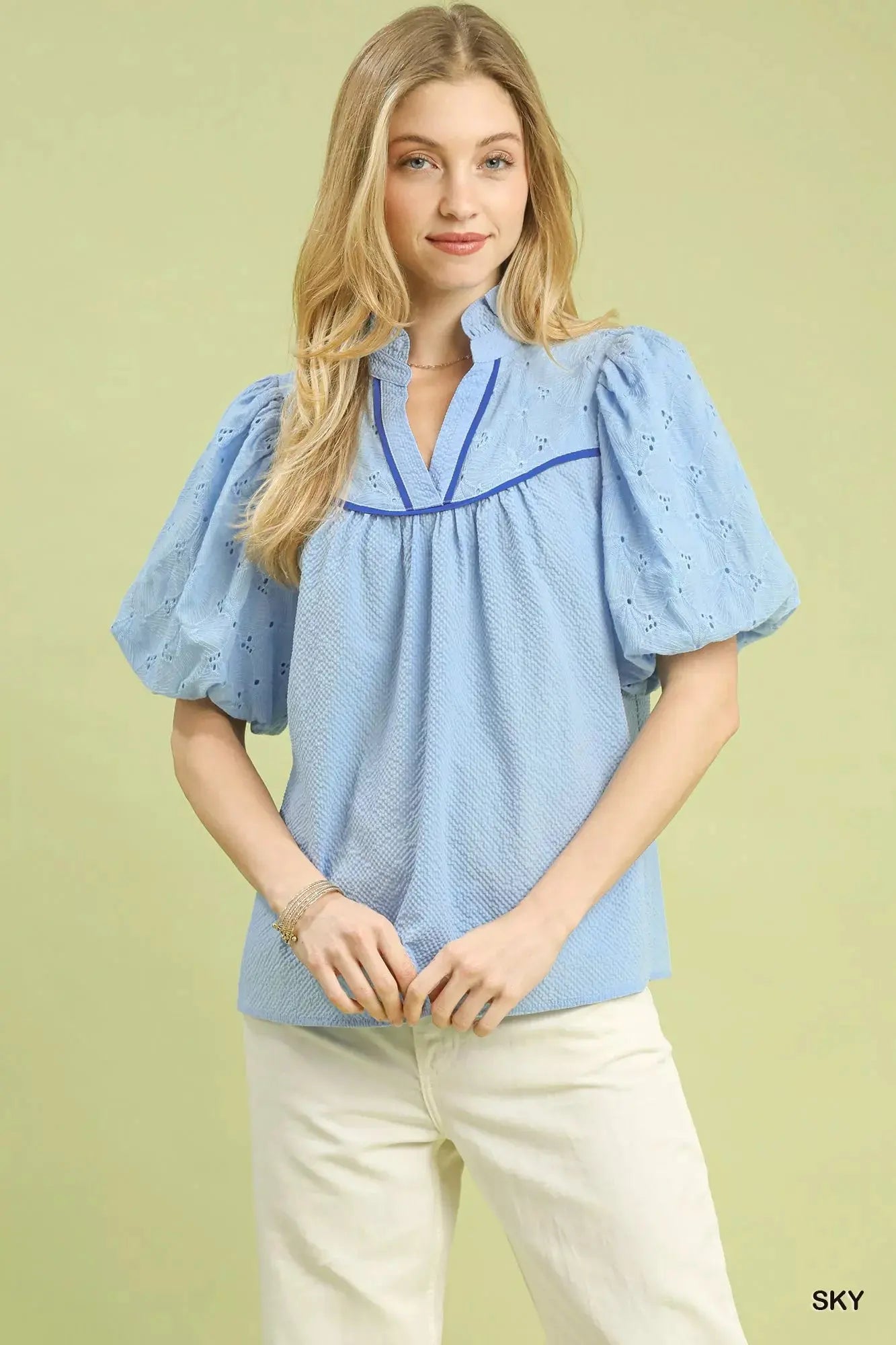 Umgee Puff Sleeve Eyelet Mix Top with Contrast Piping  Style Ratio