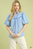 Umgee Puff Sleeve Eyelet Mix Top with Contrast Piping  Style Ratio