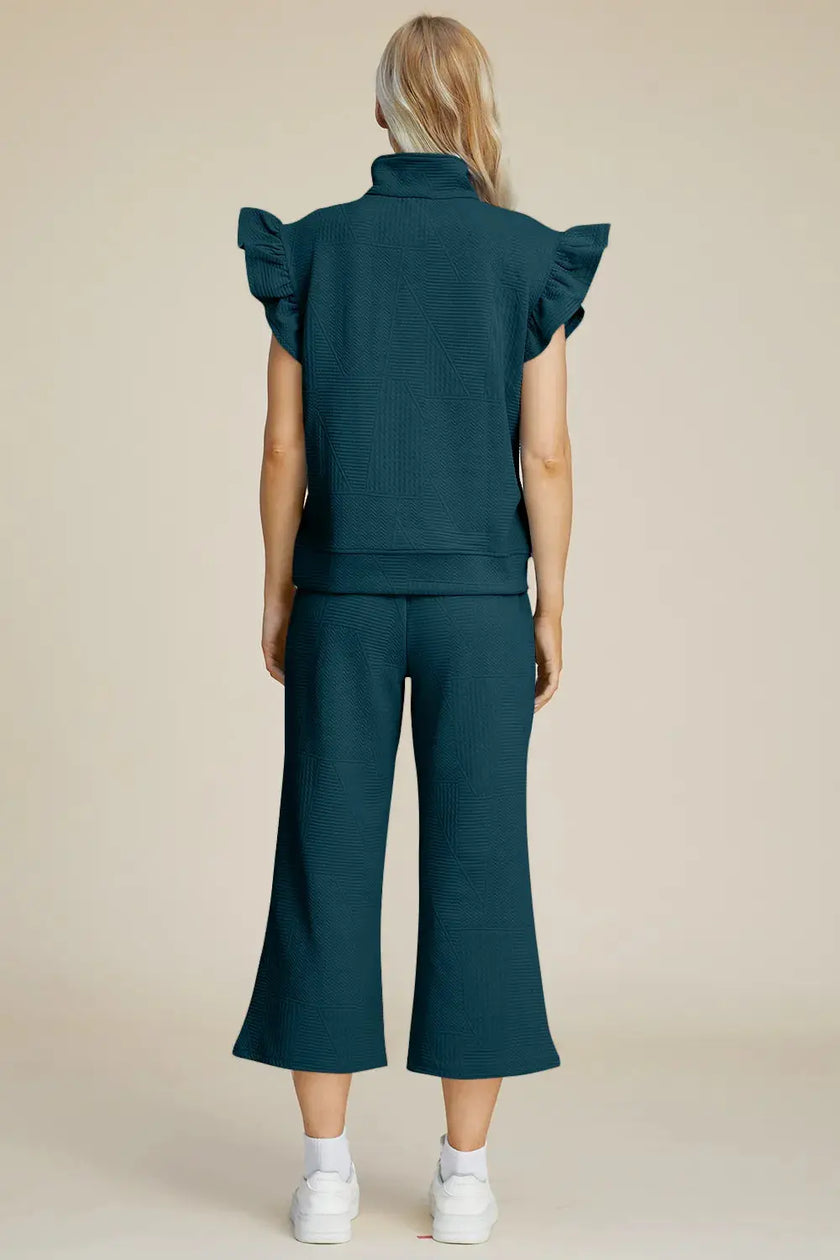 Double Take Full Size Texture Ruffle Short Sleeve Top and Wide Leg Pants Set  Style Ratio