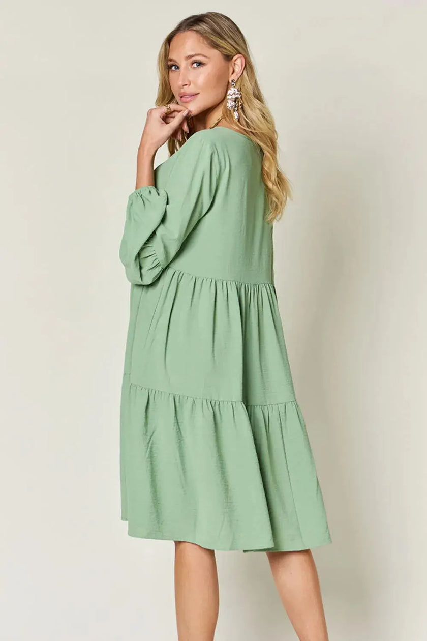 Double Take Full Size V-Neck Balloon Sleeve Tiered Dress with Pockets  Style Ratio