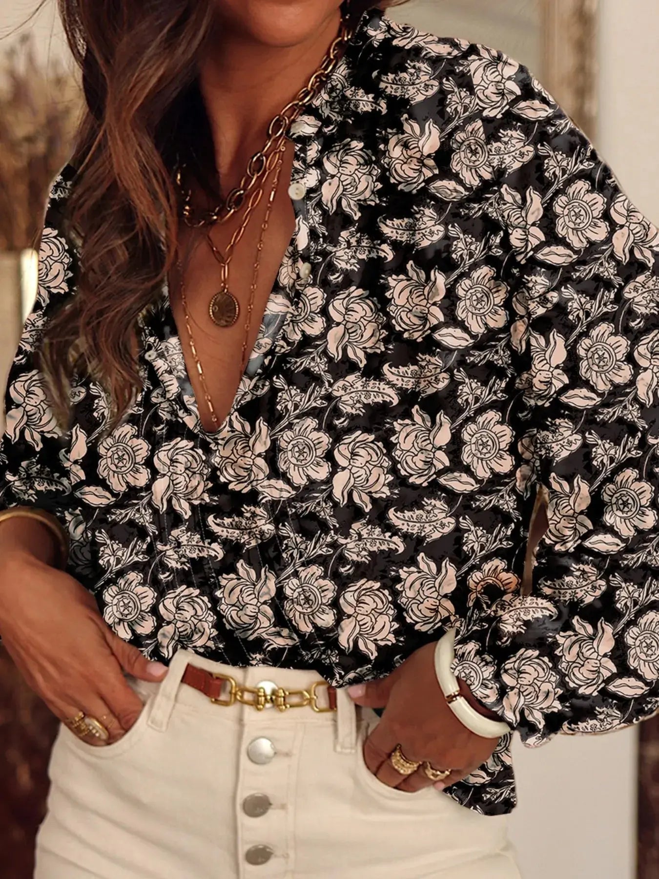 Floral Print Split Neck Pleated Long Sleeve Blouse  Style Ratio