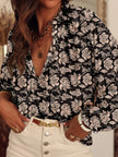 Floral Print Split Neck Pleated Long Sleeve Blouse  Style Ratio