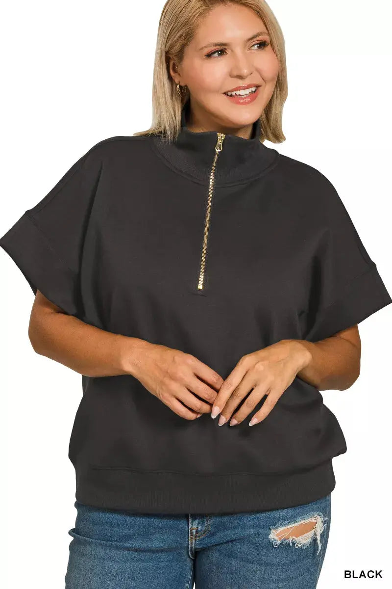 Zenana Full Size Scuba High Neck Half Zip Short Sleeve Sweatshirt  Style Ratio