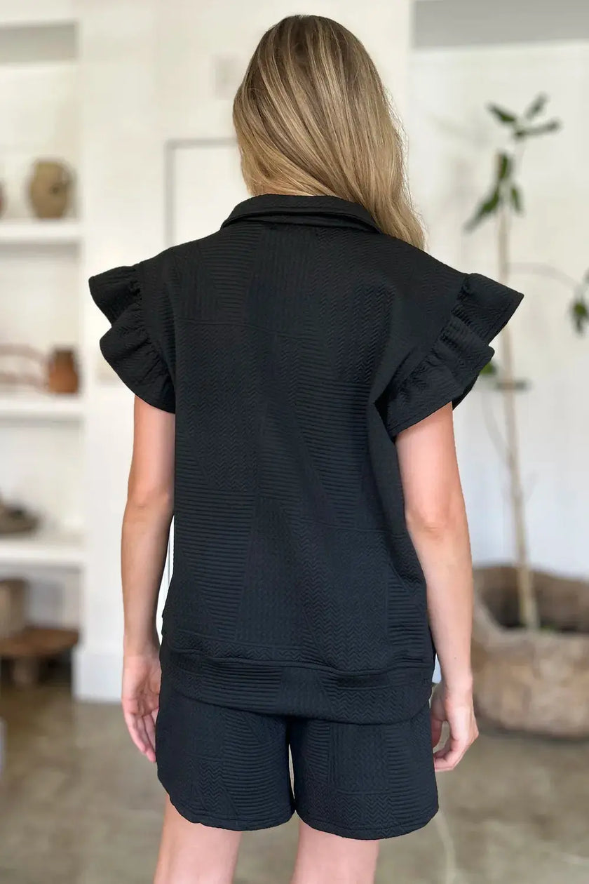 Double Take Full Size Texture Flounce Sleeve Top and Shorts Set  Style Ratio