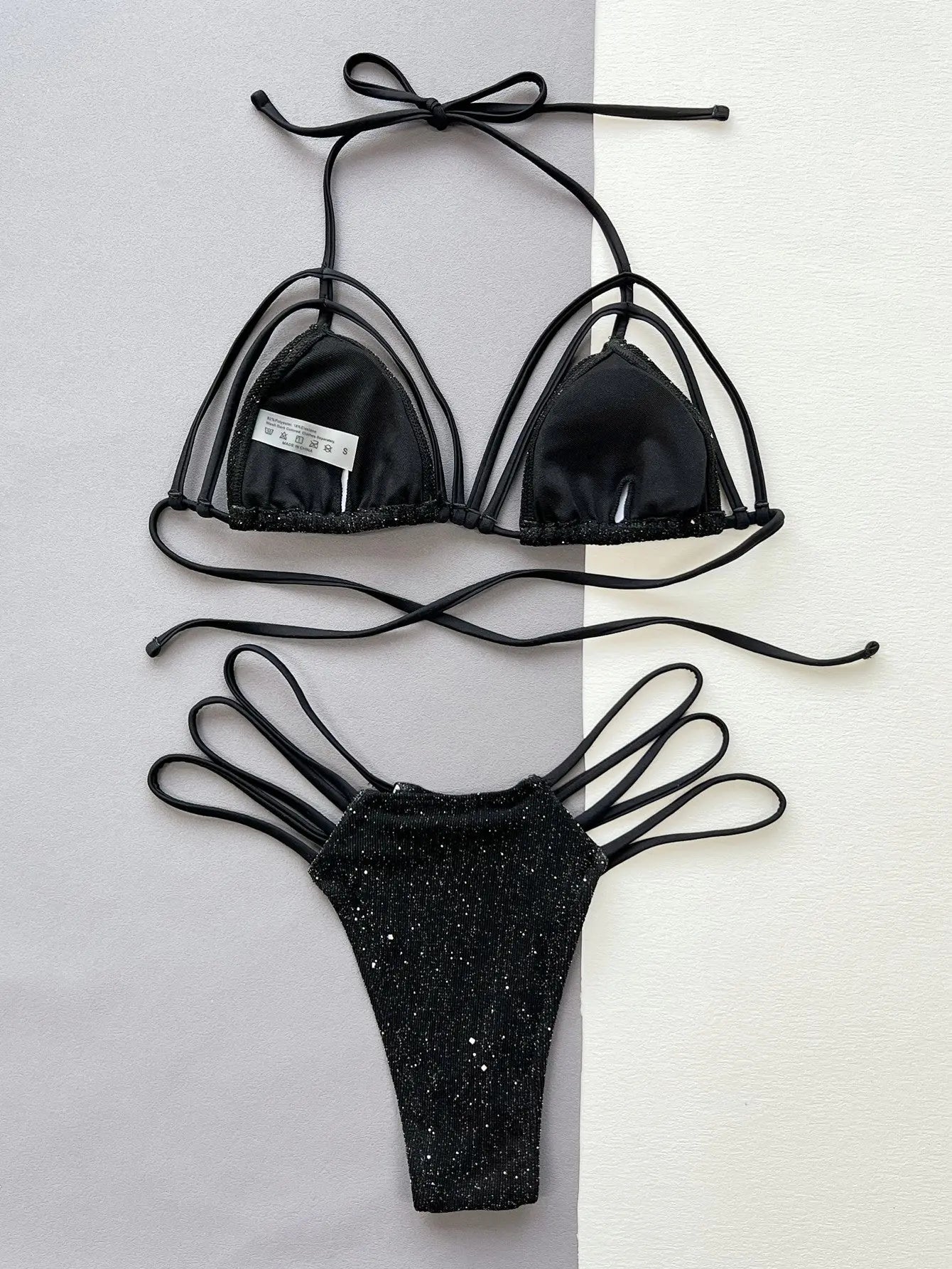 Glitter Halter Neck Strappy Two-Piece Bikini  Style Ratio