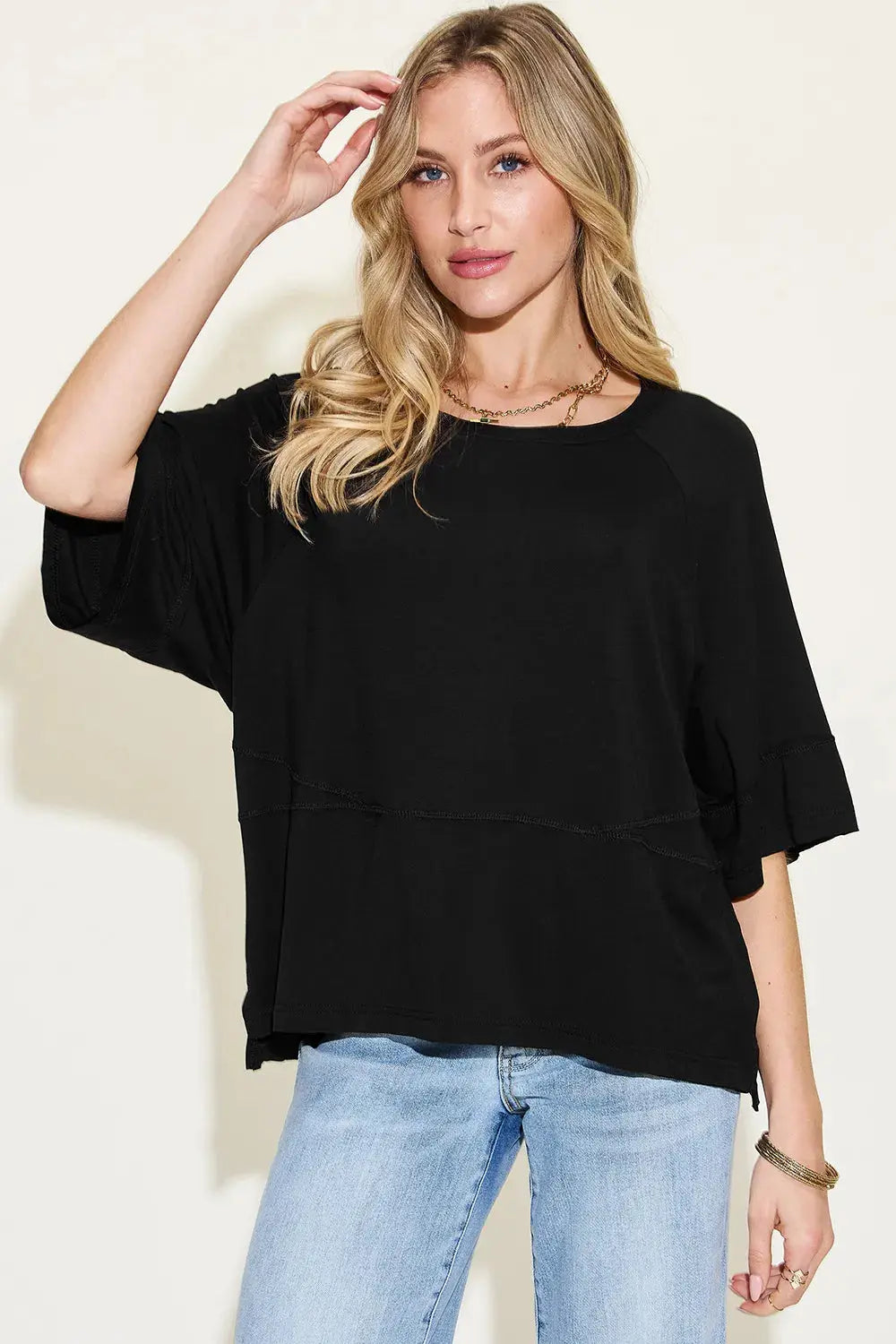 Basic Bae Bamboo Round Neck Exposed Seam Short Sleeve Shirt  Style Ratio