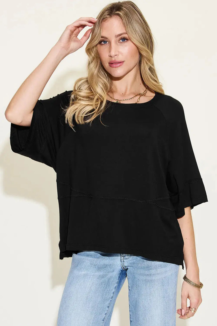 Basic Bae Bamboo Round Neck Exposed Seam Short Sleeve Shirt  Style Ratio