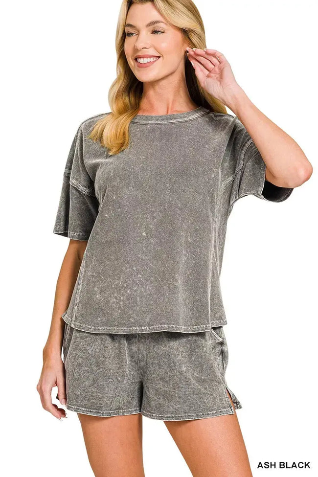 Zenana Halo Snow Washed Short Sleeve Tee and Shorts Set  Style Ratio